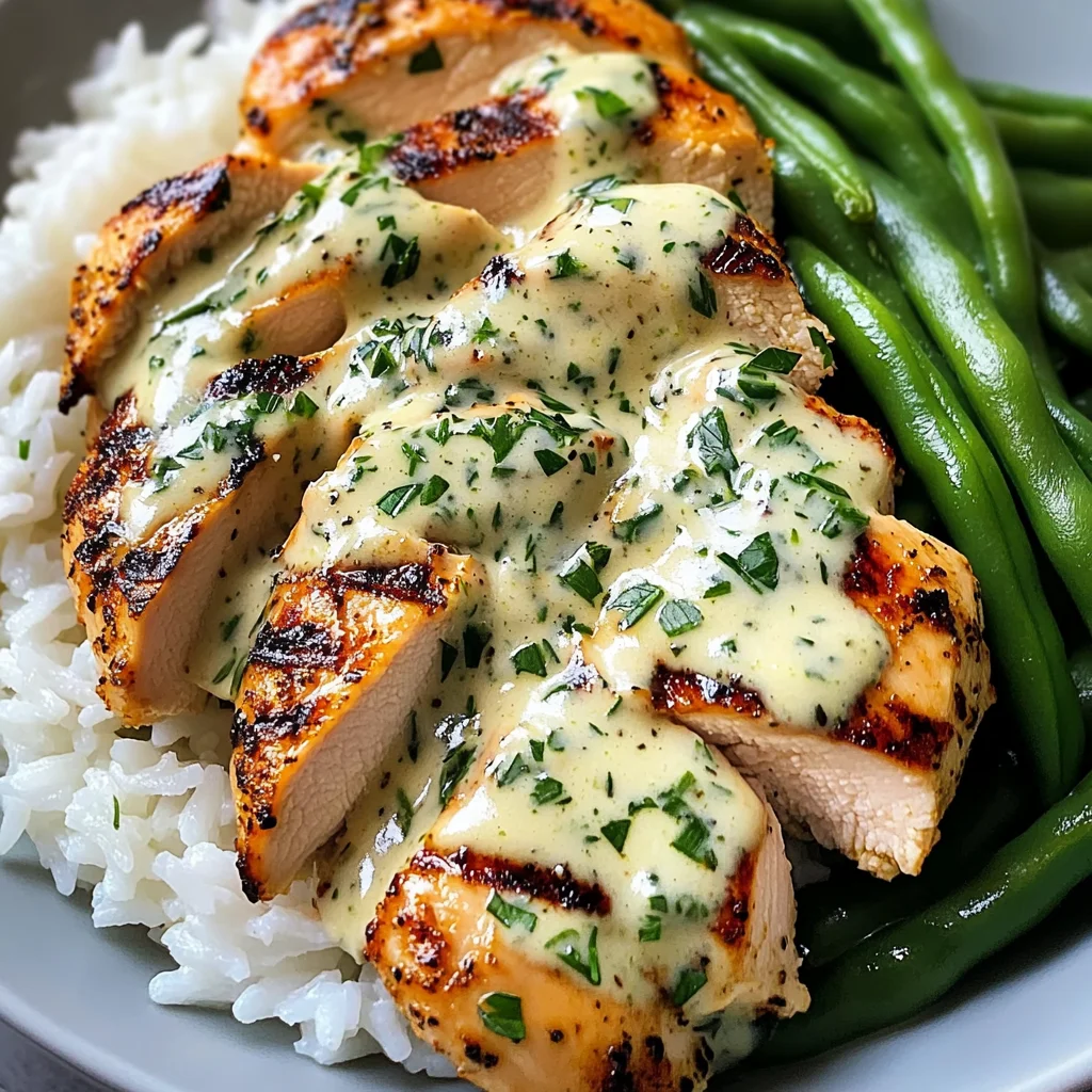 Grilled Chicken with Creamy Herb Sauce, Rice & Green Beans