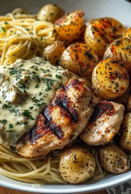 Grilled Chicken with Herb Roasted Potatoes & Creamy Pasta