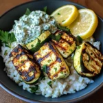 Grilled Halloumi & Zucchini Bowl with Lemon Rice & Herby Tzatziki