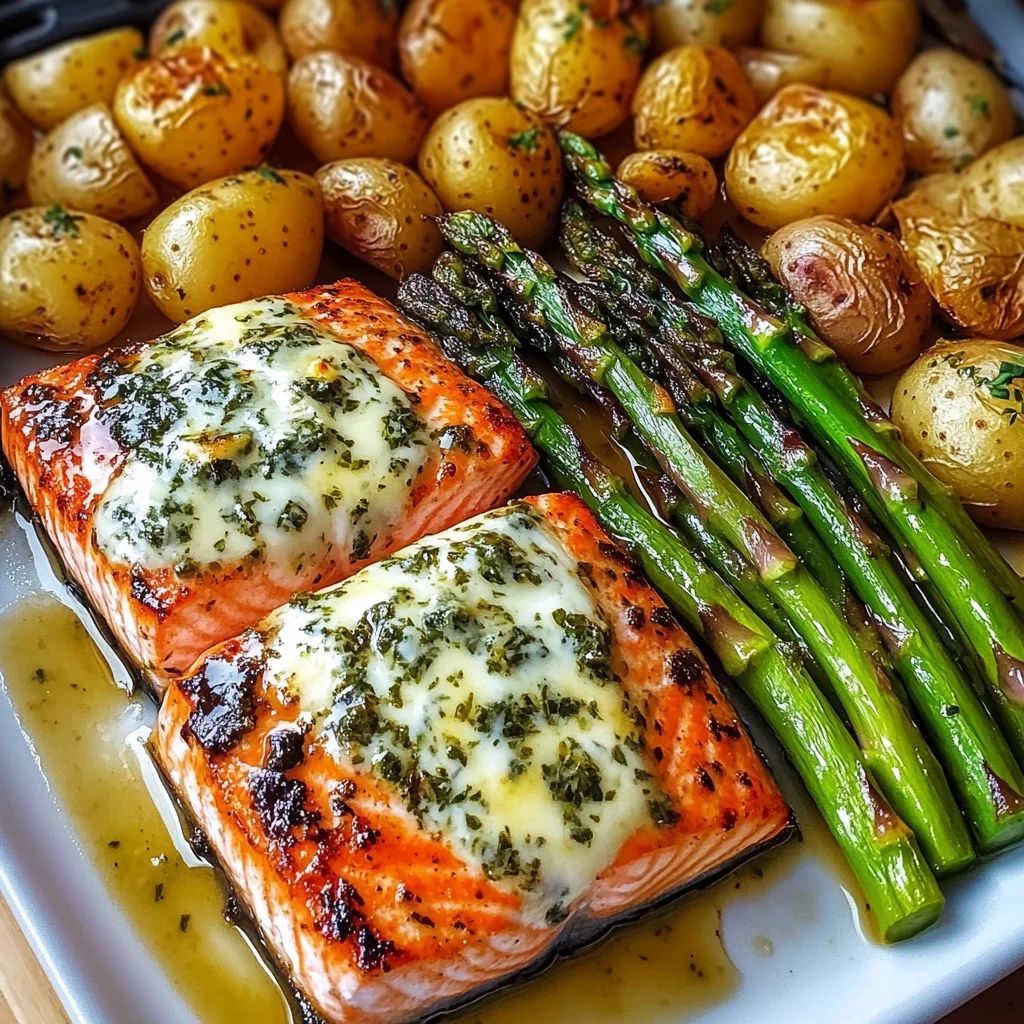 Herb-Glazed Salmon with Cheesy Asparagus & Roasted Baby Potatoes
