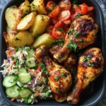 Herb-Roasted Chicken Drumsticks with Potato Wedges, Coleslaw & Fresh Veggies
