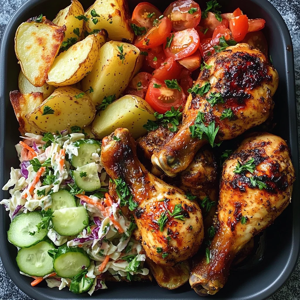 Herb-Roasted Chicken Drumsticks with Potato Wedges, Coleslaw & Fresh Veggies