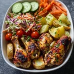 Herb-Roasted Chicken Drumsticks with Potato Wedges, Coleslaw & Fresh Veggies