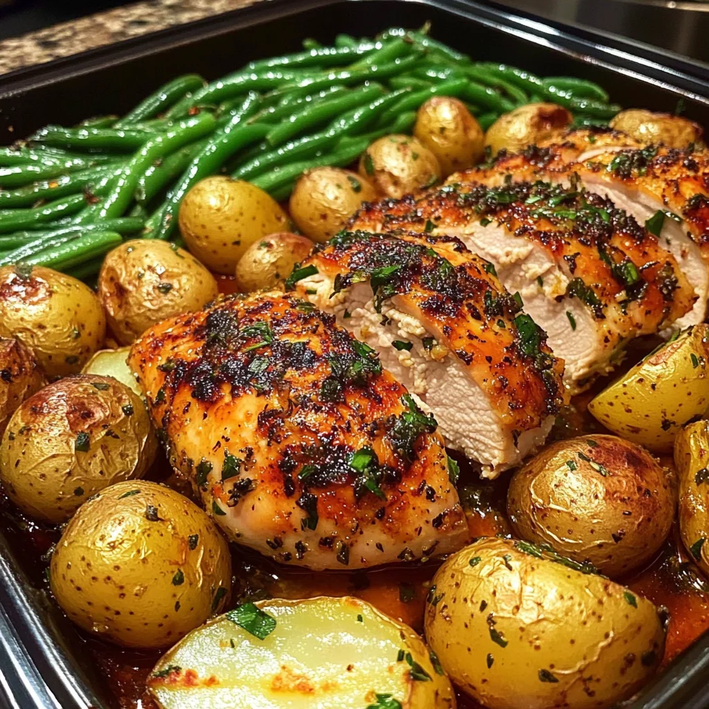 Juicy Herb Roasted Chicken with Baby Potatoes & Green Beans
