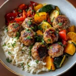 Juicy Meatballs with Rice & Roasted Veggies