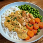 Loaded Creamy Chicken Plate with Herbed Carrots, Peas & Rice