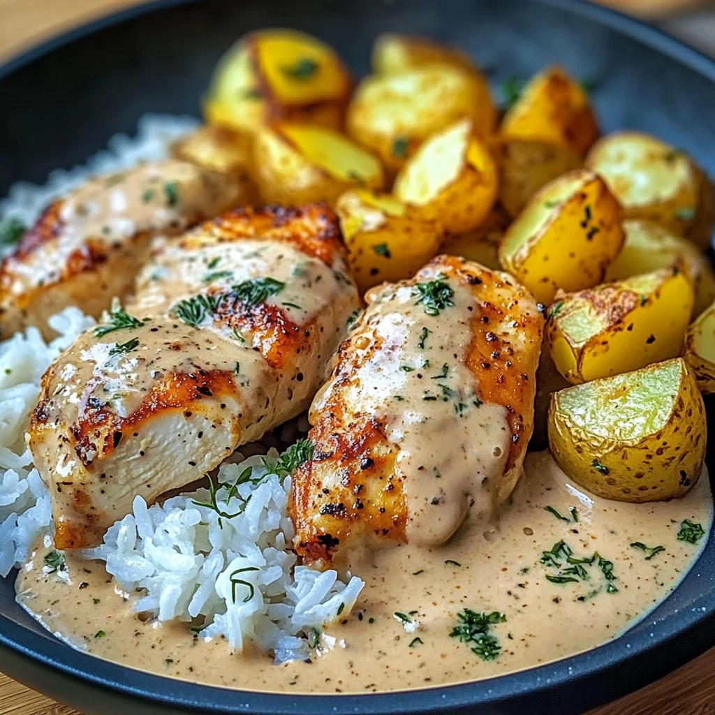 Loaded Creamy Chicken with Herb Potatoes & Fluffy Rice