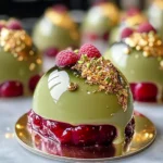 Luxurious Pistachio-Raspberry Cheesecake Domes with Gold Leaf Elegance