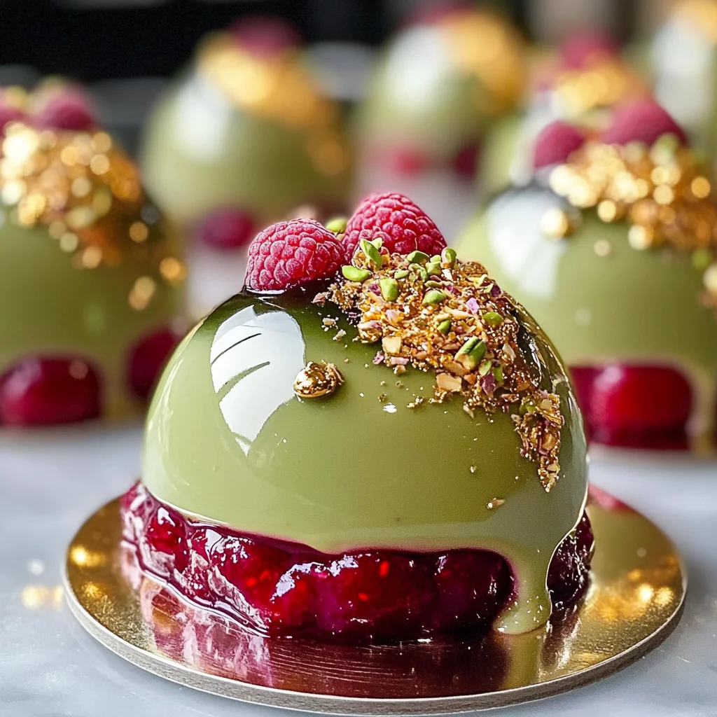 Luxurious Pistachio-Raspberry Cheesecake Domes with Gold Leaf Elegance