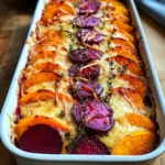 Maple-Glazed Beet, Gruyere Sweet Potato & Hot Honey Yam Gratin