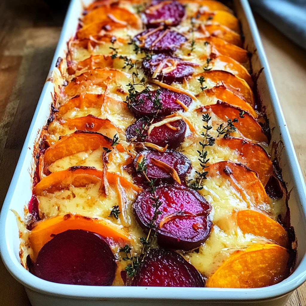 Maple-Glazed Beet, Gruyere Sweet Potato & Hot Honey Yam Gratin