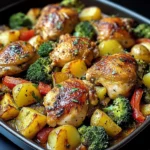 One-Pan Baked Chicken Thighs with Potatoes, Broccoli & Peppers
