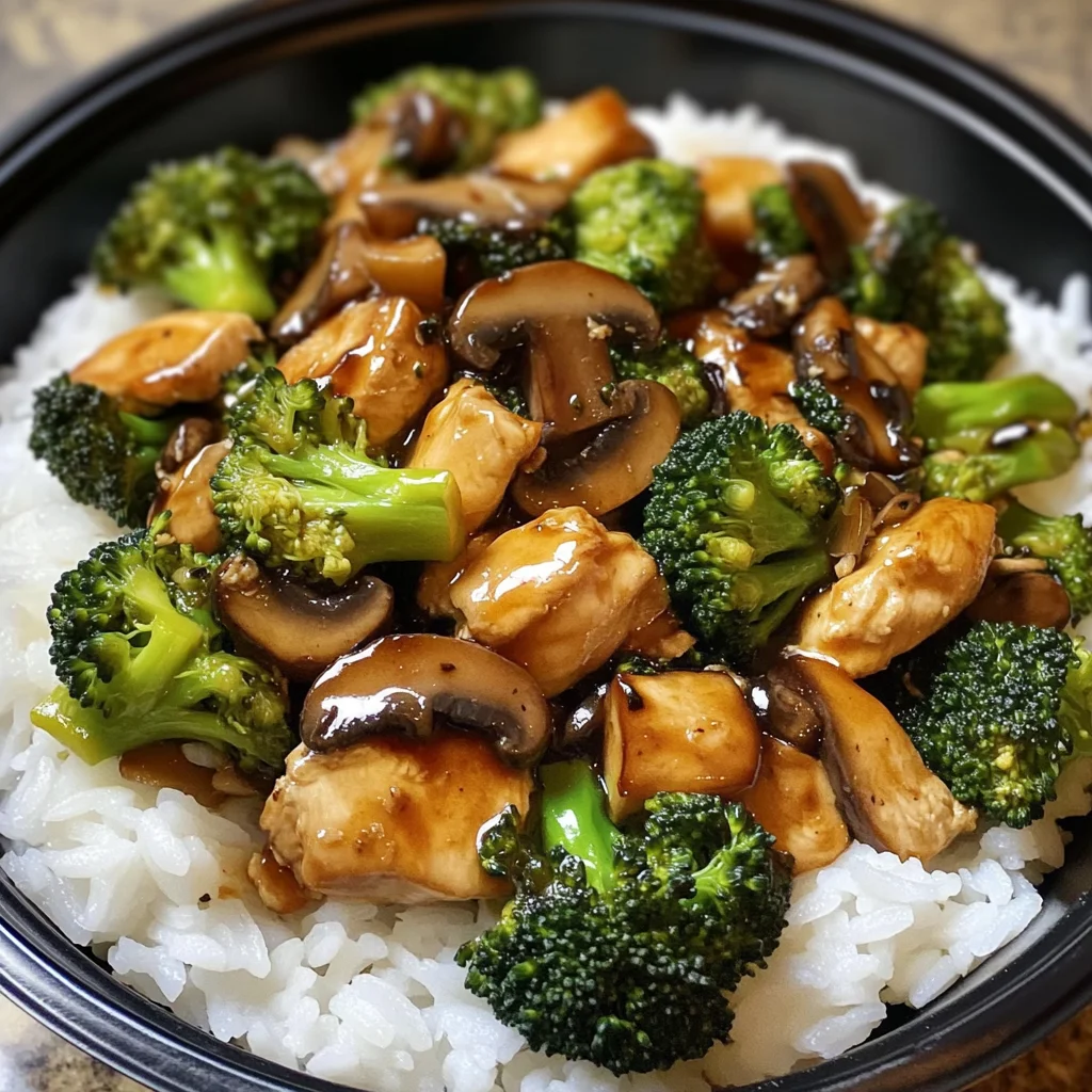 Savory Chicken, Broccoli & Mushroom Stir-Fry with Steamed Rice