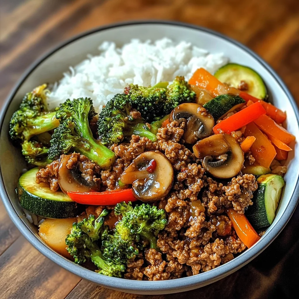 Savory Ground Beef Stir-Fry Bowl with Veggies & Rice