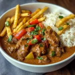 Slow-Simmered Coconut Beef Curry with Sweet Bell Peppers & Crispy Fries