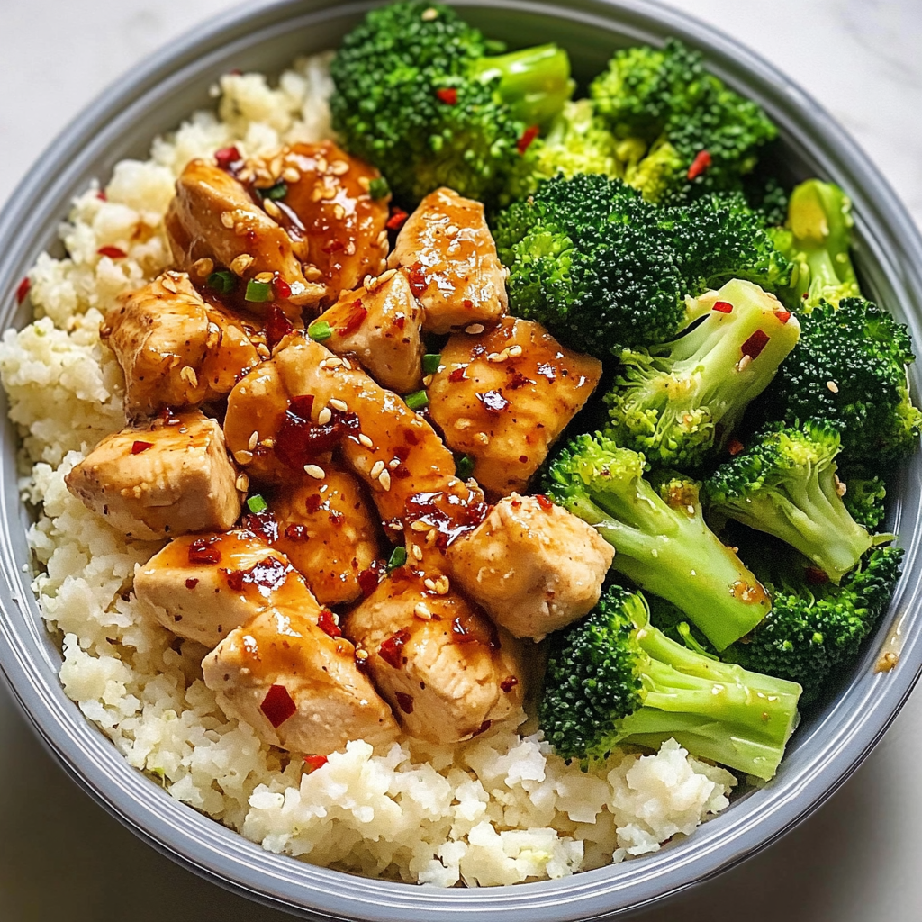 Spicy Garlic Chicken & Broccoli Bowl with Cauliflower Rice Light, Fiery & Flavor-Packed