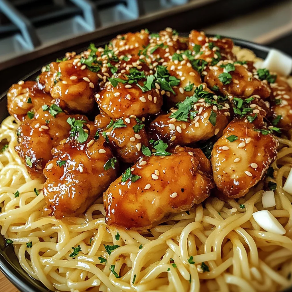 Sticky Honey Garlic Chicken Bites with Buttered Noodles