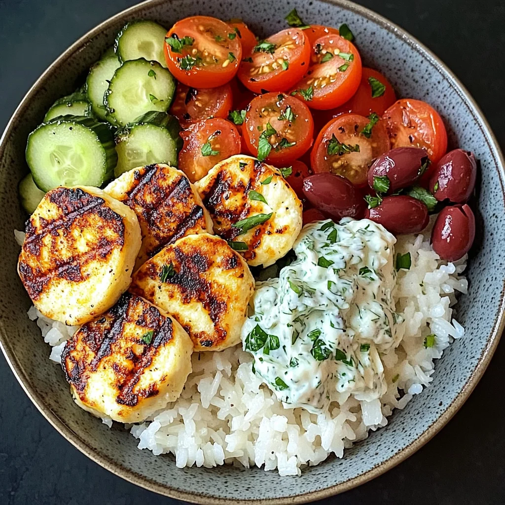 Ultimate Grilled Halloumi Bowl with Tzatziki & Greek Salad