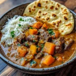 Ultra-Tender Slow-Cooked Beef Curry with Creamy Coconut Sauce & Double Garlic Naan
