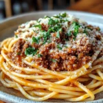 Velvety Beef Bolognese with Creamy Garlic Butter Spaghetti
