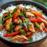 Spicy Garlic Chicken Stir-Fry Bowl with Bell Peppers & Rice