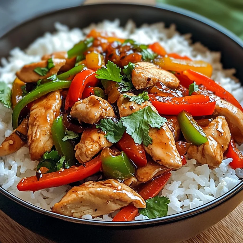 Spicy Garlic Chicken Stir-Fry Bowl with Bell Peppers & Rice